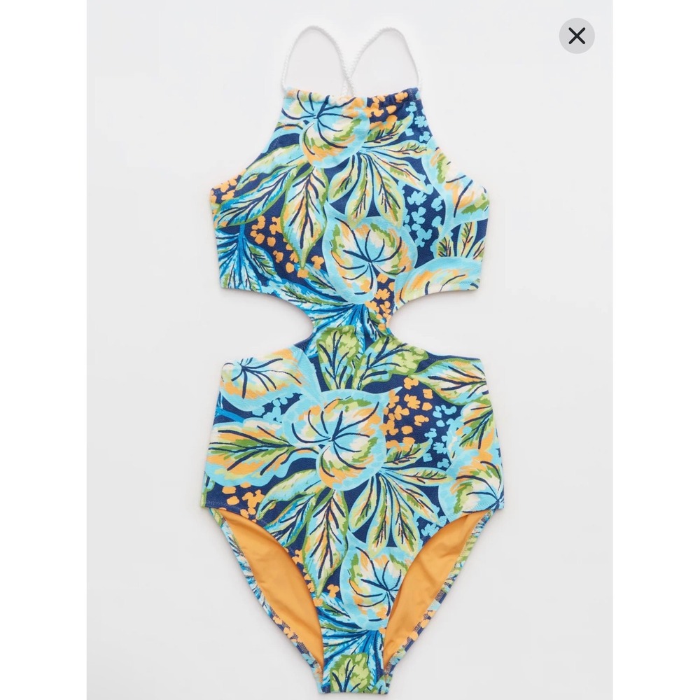 Aerie Buzzed Terry Halter Cut Out One Piece Swimsuit Womens XL Blue Floral NWT